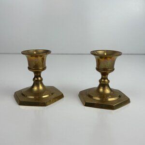 Pair Vintage Brass Hexagonal Base Candle Holders 2.5" Tall Made In India